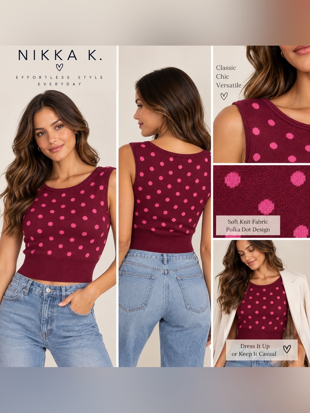 Nikka K Plum Wine Pink Polka Dot Knit Crop Top Size S NWT
